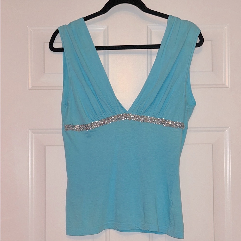 Rebecca Beeson Embellished Top 4-6 Blue Vintage Silver Sequin Made USA Deep V